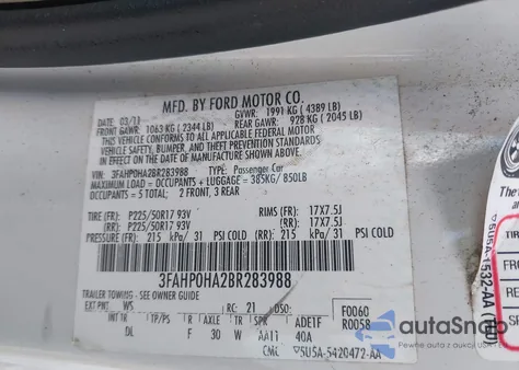 2011 Ford Fusion Se z USA, uszkodzony, nr VIN 3FAHP0HA2BR283988